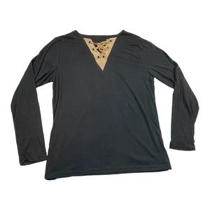 VINTAGE Women's L/S Peasant Shirt Black XL Bohemian Renaissance Lace Up